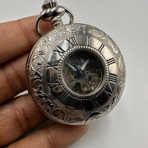 Gotham Pocket Watch Men Silver Tone Skeleton Roman Numerals Mechanical Automatic